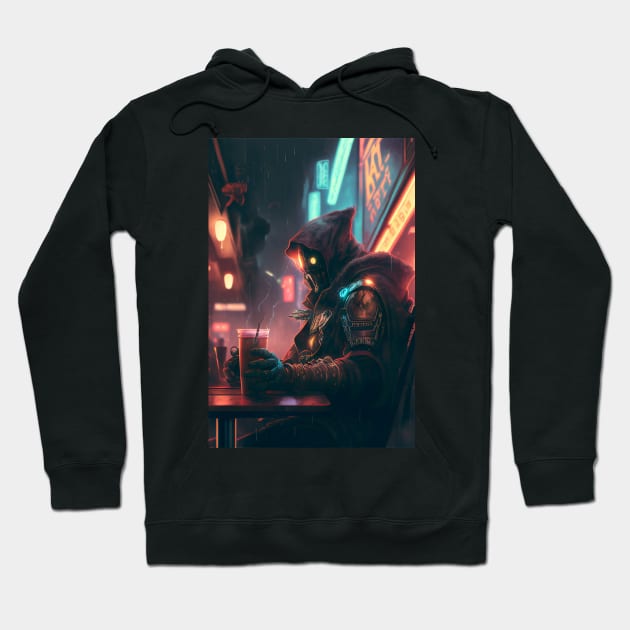 Cyberpunk Character Sipping on Coffee in a Neon Cafe Hoodie by TortillaChief